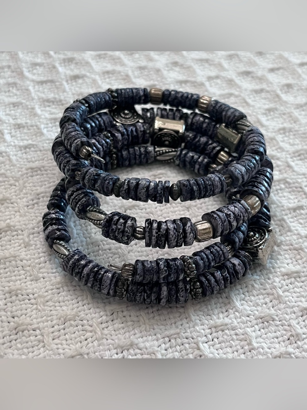 Handmade Navy Blue Stone Heishi Wrap Bracelet Silver Accents